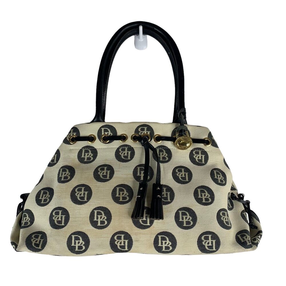 Dooney & Bourke‎ DB Signature Cream Black Monogram Tassel Tote Handbag Bag READ